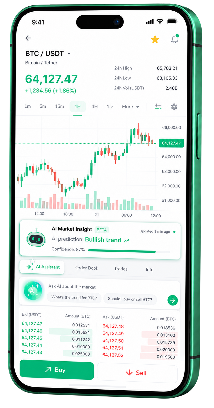 App móvil de trading de Dinamora Bitex en un teléfono inteligente